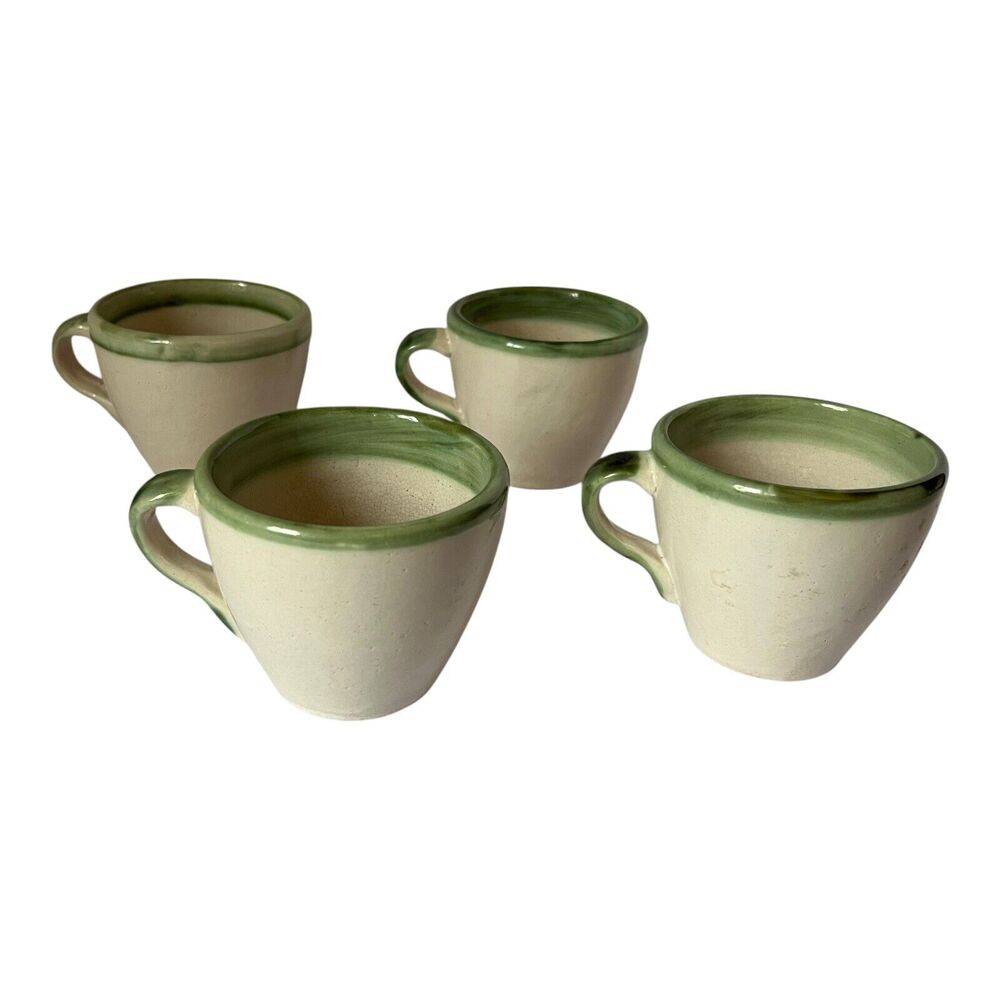 MCM John B Taylor‎ Louisville Stoneware Pottery Green Rim 4pc Set Coffee Cup Mug